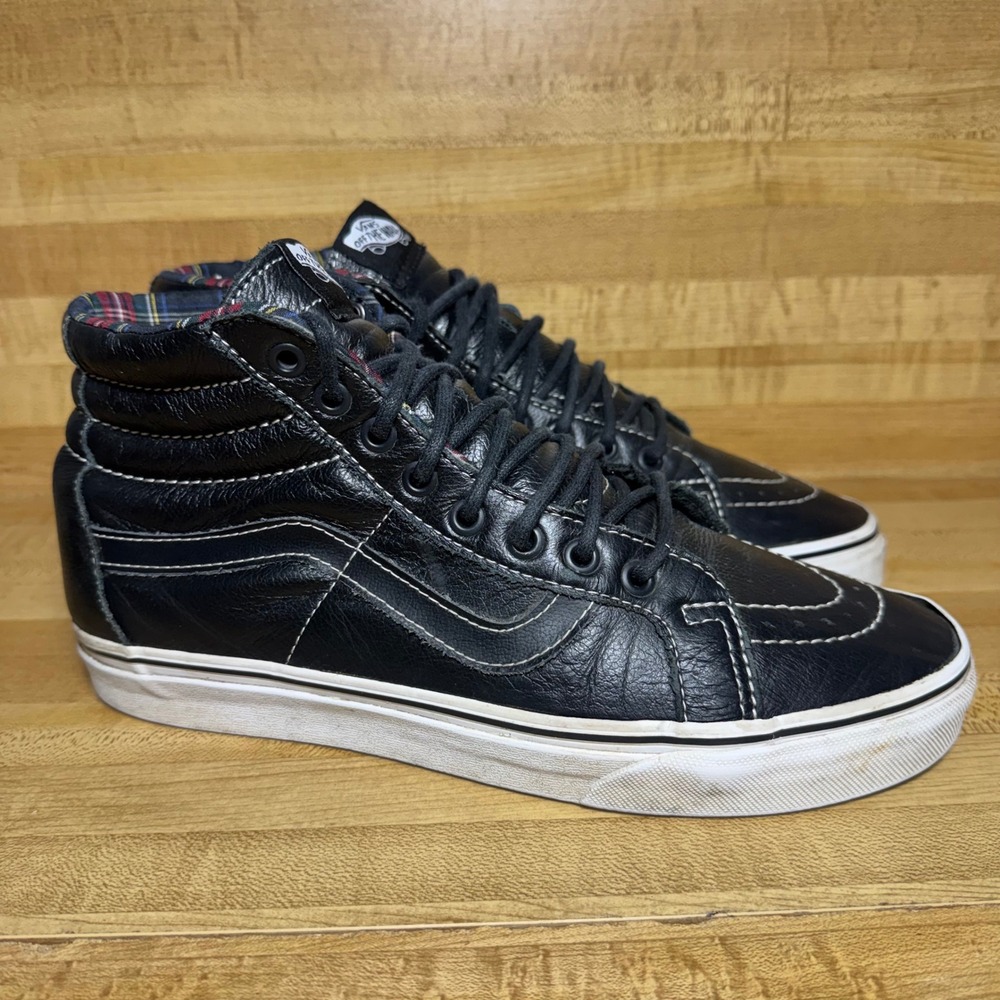 Vans Sk8-Hi Reissue Black Leather Plaid Flannel Lining Mens 9 High Top Sneakers